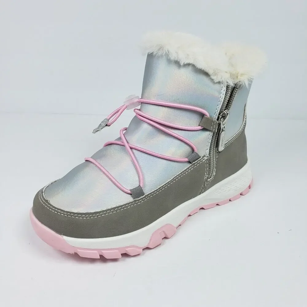 Khombu Anatone Girls Size 3Y Silver Pink Faux Fur Lined Warm Winter Boots